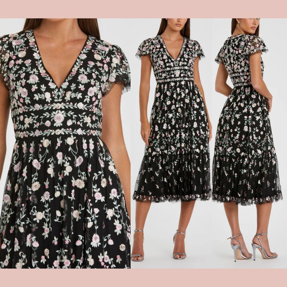 NWT MAC DUGGAL [‎ 18 ] 35104 Embroidered V Neck Cap Sleeve Midi Dress Black